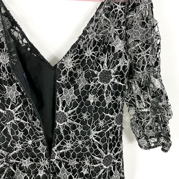 Marchesa‎ Notte Lace Dress Black Silver V-Neck Midi Cocktail Guipure Sz 6 - Picture 6 of 7